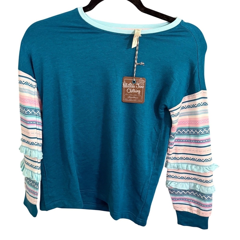 Matilda Jane Clothing Girls Teal Ruffle Sleeve Boho Aztec Print‎ Sweatshirt Top